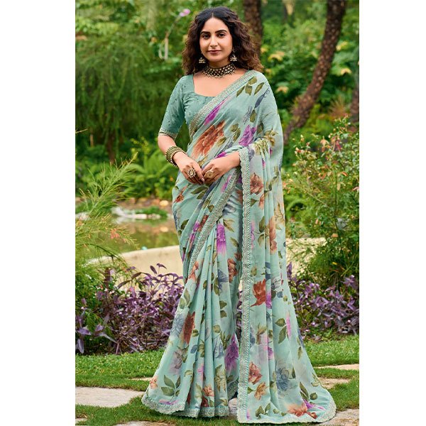 Sea Green Floral Chiffon Saree Enhanced with Fine Embroidery on the Border - Image 3