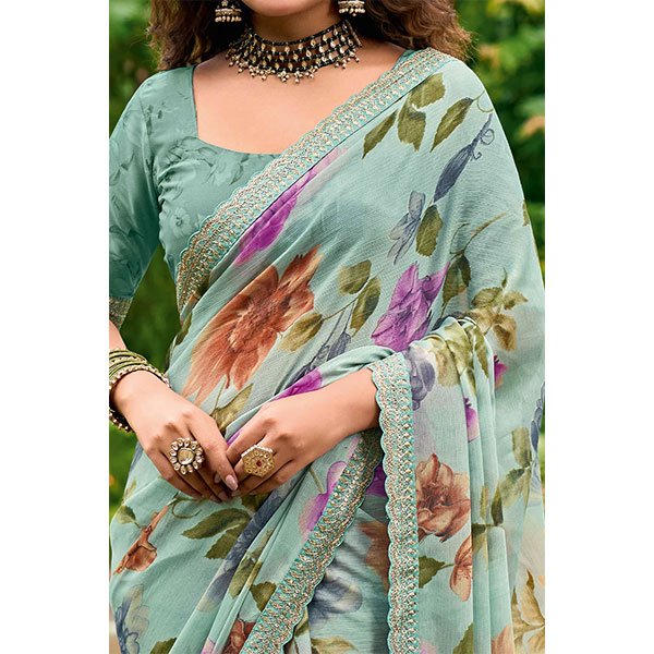 Sea Green Floral Chiffon Saree Enhanced with Fine Embroidery on the Border - Image 4
