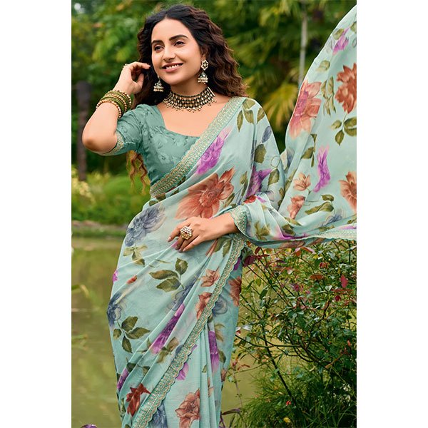 Sea Green Floral Chiffon Saree Enhanced with Fine Embroidery on the Border - Image 5