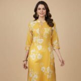 Stylish Yellow Floral Printed Kurti in Soft Pure Cotton with Embroidered Neck Detailing